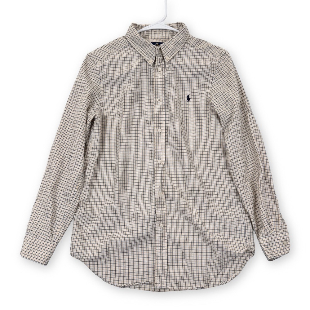 Ralph Lauren Boys Plaid Button Down Shirt Tan Navy Yellow Size L 14-16 Cotton